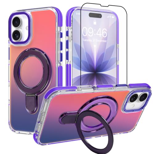 Image of Magnetic for iPhone 17 Case with Stand [Compatible with Magsafe] [Cute Fashion Fluorescent Design] [1 Screen Protector] Slim Translucent Matte Case for iPhone 17 6.3 inch 2025, Purple