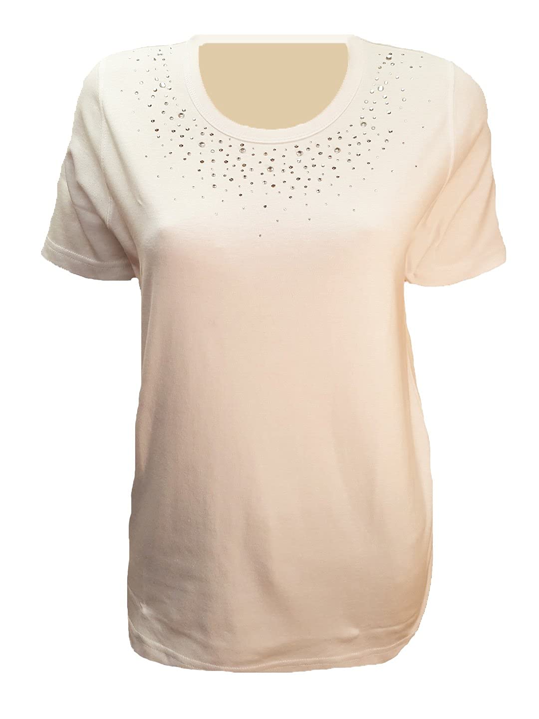 ID ISAAC'S DESIGNS Rhinestone Neckline Short Sleeve Black or White Poly Cotton T-Shirt