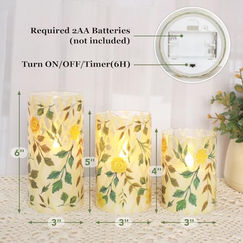 Image of Yellow Glass Flameless Candles with Remote Vintage Rose LED Pillar Candles Battery Operated Timer & Dimmable Candle Light Rustic Farmhouse Decor for Room Wedding Table Centerpiece, 3 Pack
