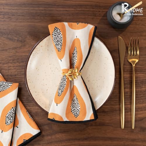 Image of Papaya Printed Cotton Napkins Set of 12 | 16 x 16 Inch (40 x 40 cm) | 100% Cotton with Peko Border | Reusable Cloth Dining & Cocktail Napkins | Machine Washable | Tropical Fruit Print
