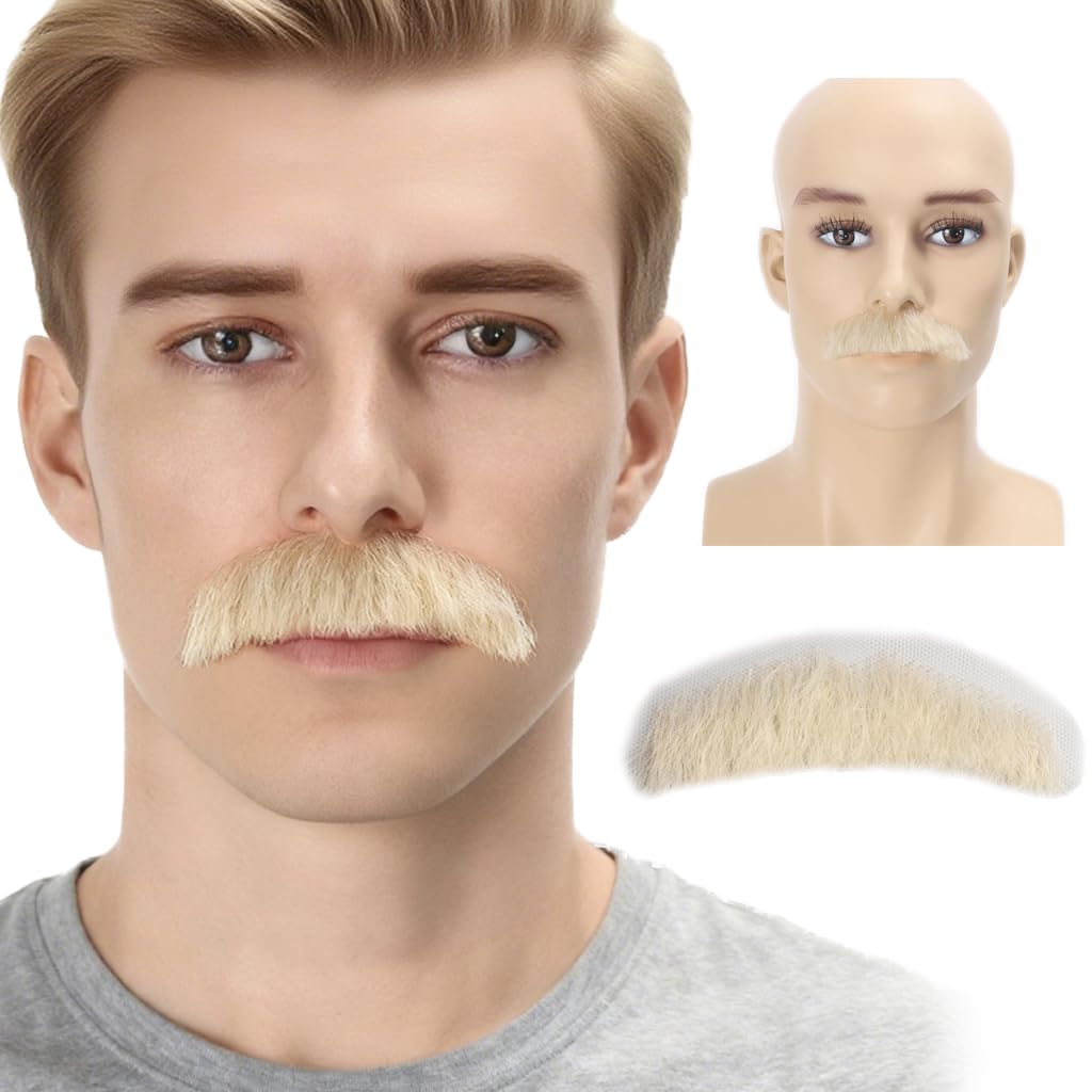 Adytom Mens Fake Mustache 100% Synthetic Fiber Hair Hand Knoted Costume Party Funny Cosplay Tin Pencil Realistic Beard (Blonde)