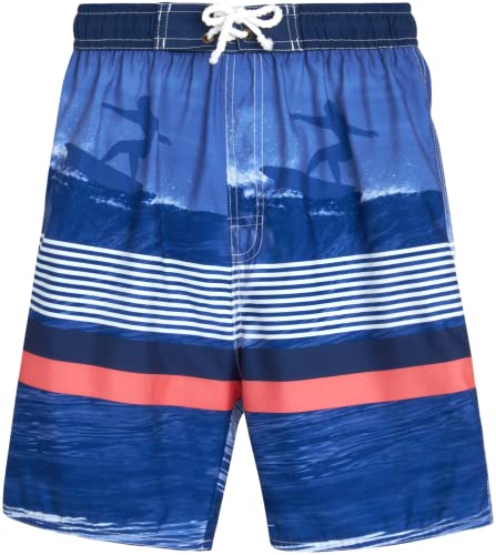Quad Seven Boys' Swim Trunks - 2 Pack Striped Quick Dry Board Shorts Bathing Suit (8-18), Size 8/10, Blue/Black Surfer #TOP5