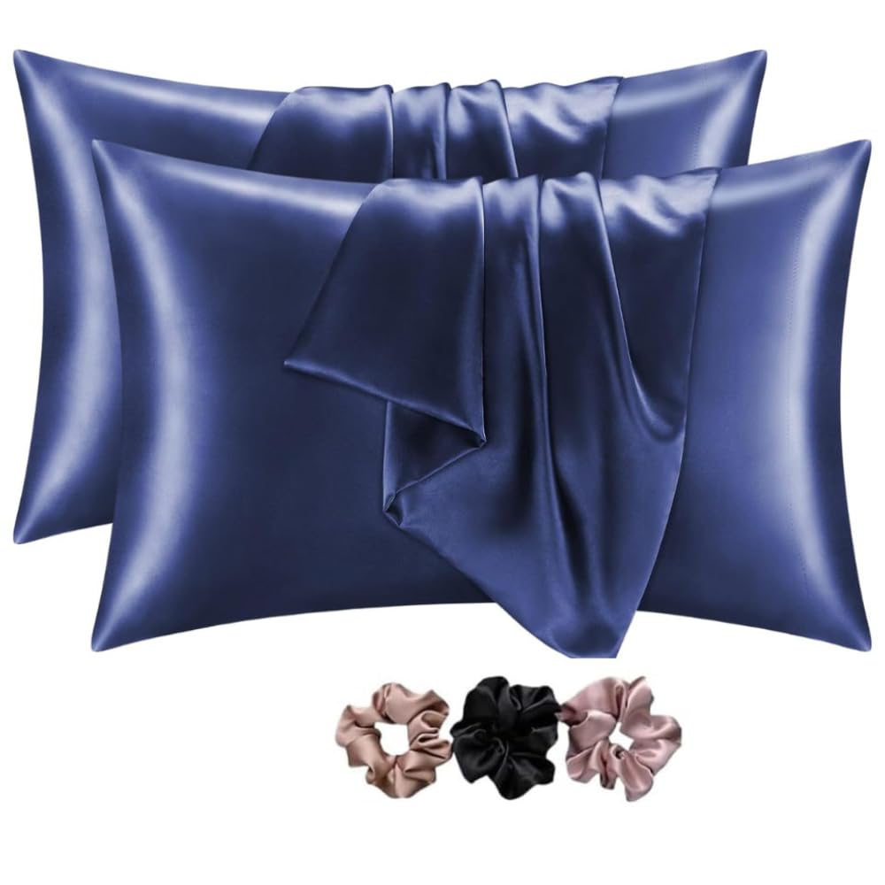 GO WELL solid Satin Silk Pillow Covers Pack of 2 for Hair and Skin-with Satin Scrunchies for Women|Satin Pillow Cover for Hair and Skin|scrunchies for Women 3-Piece|Silk Pillow case(Nevyblue) 600TC