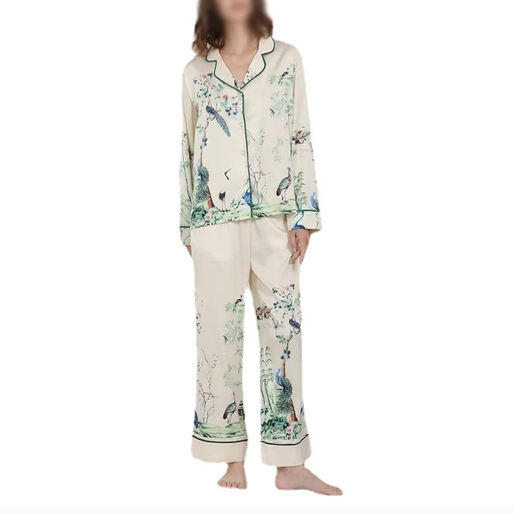 Conjunto de Pijama Estampado, Ropa de Dormir para Estar en casa, 2 Piezas, Manga Larga, satén de Seda, como se Muestra, XL,As Shown-XL