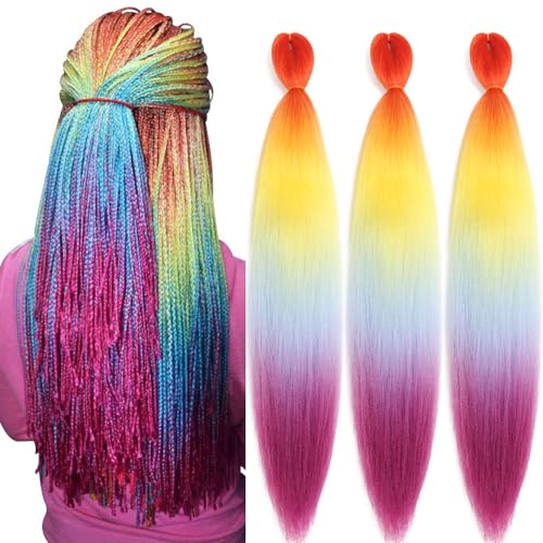 Pre Stretched Braiding Hair 26 Inch Braiding Hair Extensions Hot Water Setting Crochet Box Braids Hair (26 Inch (Pack of 3), Orange-Yellow-Light Blue-Purple)