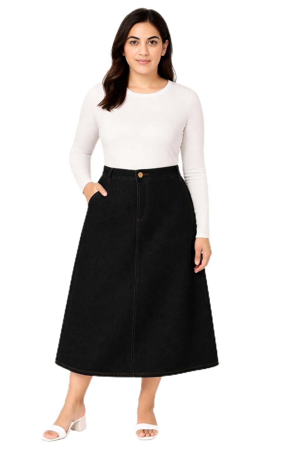 Womens Black Plus Size Mid-Waist with Zip Denim A-Line Maxi Skirt 43200-picture-16