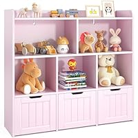 Gizoon Toy Storage Cabinet and Kids Bookcase with 3 Movable Drawers and 6 Open Shelves Featuring Fall Prevention Barrier for Playroom Nursery Kids Room Organization