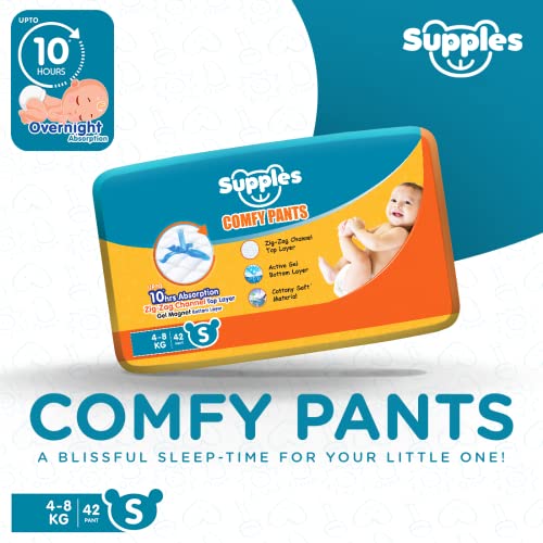 Image of Amazon Brand - Supples Comfy Diapers, Small (S), 42 Count, 4-8 Kg, 10 hrs Absorption and Cottony Soft Material Baby Diaper Pants