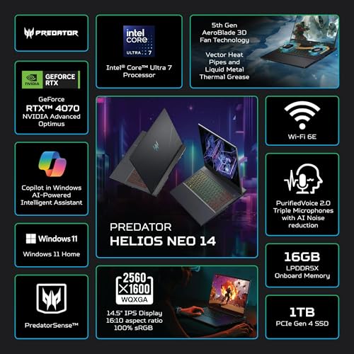 Image of acer Predator Helios Neo 14 Gaming AI PC Laptop, GeForce RTX 4070 Graphics, 14.5 inch WQXGA (2560x1600, 100% sRGB, G-SYNC), Intel 16-core Ultra 7 155H, RGB Backlit, W /128GB PSD, Win11 PRO(16GB|1TB SSD)