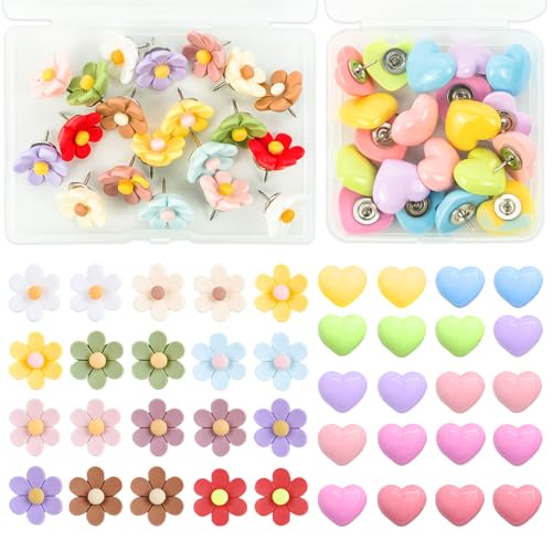 40 PCS Cute Push Pins for Bulletin Board, Flower and Heart Shapes Push Pins Decorative, Cute Thumb Tacks for Bulletin Board, Photo Wall, Feature Wall, Map, Office or Home (Colorful)
