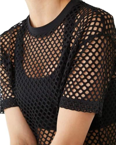 CLOZOZ Women's Mesh Crop Top See Through Fishnet Shirt Crew Neck Sheer Cover Up3