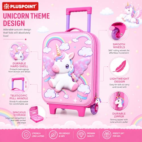Image of PLUSPOINT Unicorn Theme Kids Trolley Bag | 16 Inch Hard Shell Cabin Luggage with Wheels & Telescopic Handle | Lightweight Travel Suitcase for Girls | School Trips, Vacations, Holidays & Weekend Travel