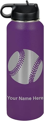 Vista 182 de LaserGram Botella de agua personalizada, pelota de béisbol, acero inoxidable de doble pared aislada al vacío con popote superior, regalo grabado