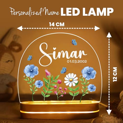 Image of PRINTHUA Plastic Personalized LED Night Table Lamp with Custom Name,Unique Gift for Women,Men,Kids,Girlfriend,Boyfriend,Husband,Wife|Birthdays,& Special Occasions (Cute Flowers),Multicolour