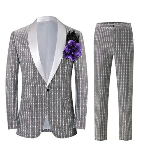 Men Slim Fit Sequins Dress Suit Host Stage Show Suit Single-Button Blazer and Trousers Gray XL