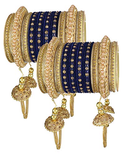 ZULKA Get your traditions Metal with Zircon Gemstone Or Beads Studded worked and Velvet worked Glossy Finished Latkan Chuda Set For Women and Girls, (Dark Blue_2.6 Inches), Pack Of 52 Bangle Set Deal