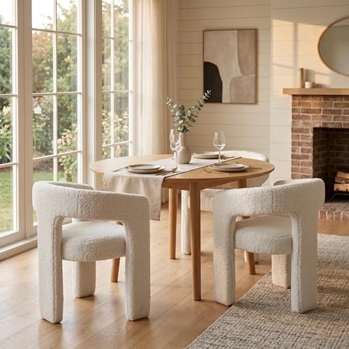 Image of HNY Modern Barrel Kitchen & Dining Room Chairs Set of 2, Sherpa Upholstered Accent Chairs with Arm, 18.5'' Wide Side Armchairs Vanity Chairs for Living Room Bedroom Makeup Small Spaces, White