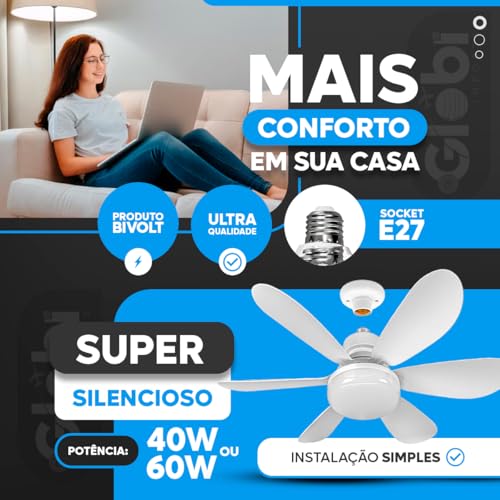 Lâmpada Ventilador De Teto, 3 Tom De Luzes, 6 Hélices, Controle Remoto, Bivolt, Silencioso Eficiente