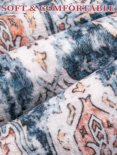 SERISSA Boho Washable Runner Rug, 2'6"x8' Non-Slip Vintage Blue Orange Hallway Kitchen Runner Rug Ultra Soft Print Distressed Tribal Floor Carpet for Bedroom Bathroom Laundry Room