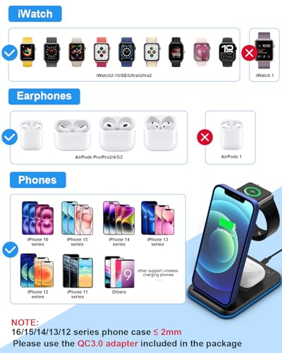 ZUBARR Foldable Wireless Charger for Multiple Devices 3 in 1 Wireless Charging Station for Travel, Compatible with iPhone 17 16e 16 15 14 13 12 11, Charging Pad for iWatch Series & Airpods 4 3 2 Pro