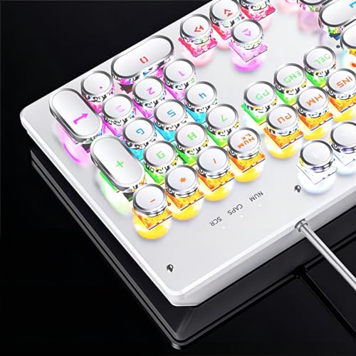Basaltech Typewriter Keyboard, Mechanical Keyboard with Rainbow LED Backlit, Steampunk Keyboard with 104-Keys Round Keycaps, Blue Switch Wired Keyboard for Computer or Mac, White - Image 3