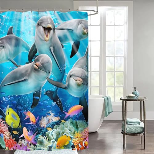 FABTOP Rideau de douche dauphin - 180 x 200 cm - 120 x 200 cm - 3D - Imperméable - Thème océan et dauphin - Bleu - En textile anti-moisissure - 1, 180 x 200...