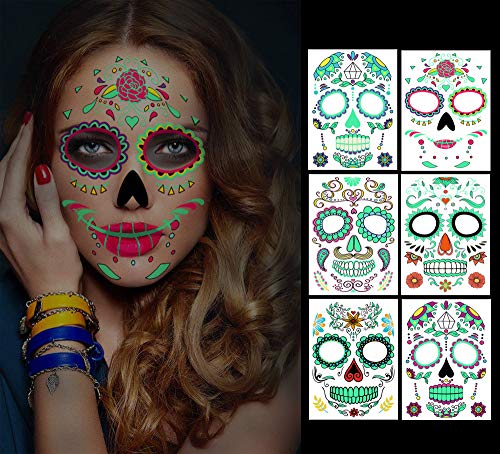 Temporäre Halloween-Gesichtstattoos, 6 Blatt Glow in the Dark Tattoos Zuckerschädel Aufkleber Tag der Toten Make-up, für Maskerade und Partys Cover