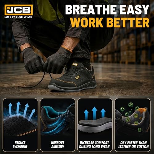 Image of JCB Joey Light Weight Safety Shoes for Man | Nubuck Leather Sporty Design | Steel Toe Cap | SRC Antislip & Oil Resistant | Double Density, Antistatic & Abrasion Resistance | Black | Size 6-10 UK