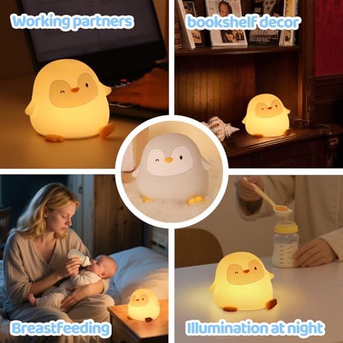 Image of Penguin Night Light for Kids, Squishy Silicone Touch Lamp with 2 Brightness Levels, Up to 50H Battery, 30-Min Auto-Off Timer, Soft Glow Bedside Nursery Lamp