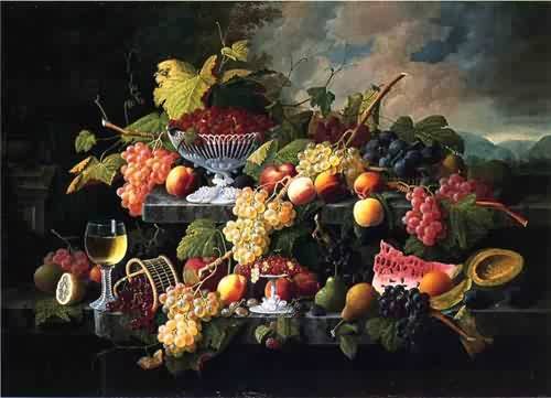 Peinture à l'huile grand format tableau nature morte fruits et verre de vin paysage
