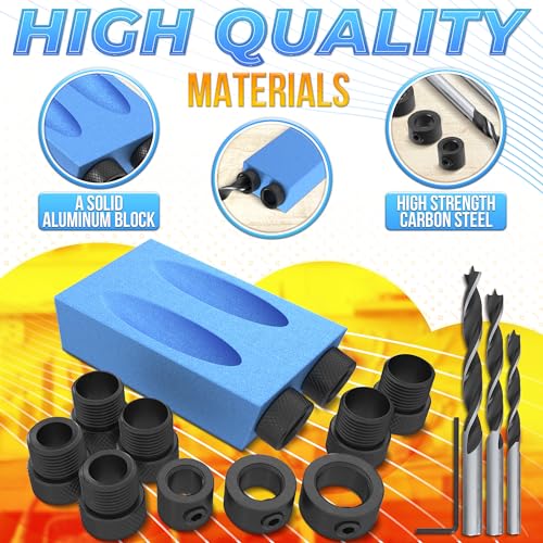 14 Pcs Pocket Hole Jig Kit for Woodworking – Aluminum Pocket Screw Jig ±0.2 mm Precision, 15° Drill Guide, 6 Bushings 6–10 mm, 3 Bits, Stop Collars, Case & Adapter – For Concealed Holes, Wood Joining - Thumbnail 3