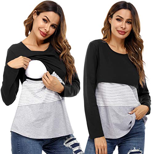 Akalnny Camisa de Premamá Manga Larga Camiseta de Lactancia Algodón Transpirable Suave Top Ropa de Embarazada
