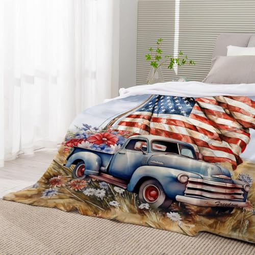 Image of YeeJu Patriotic Throw Blanket Twin Size 4th of July Memorial Day Fourth of July Blanket Couch Sofa Bed Soft Fleece Blankets Stars and Stripes Red White Blue American Flag Veteran Blanket 60x80