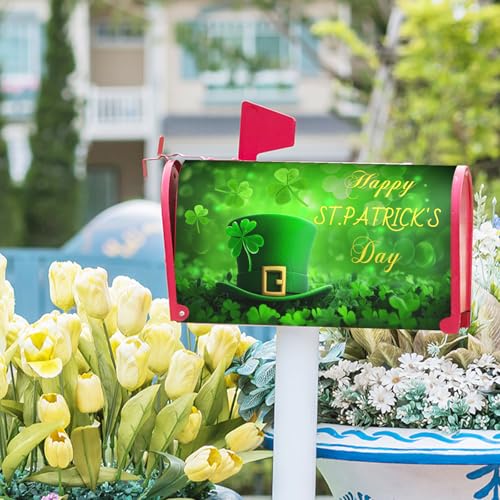 Image of Harooni Happy St. Patrick's Day Mailbox Covers Spring Mailbox Wraps Magnetic Standard Size 25x21 Inch Green Lucky Shamrock Post Letter Box Cover for Garden Yard Home St. Patrick's Decorations
