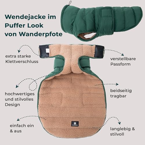 Wanderpfote Hundemantel Beidseitig Tragbar, Puffer-Design – Cozy Sherpa Fell oder Moderne Puffer-Jacke - Wendbare Hundejacke, Hunde Wintermantel (Grün/Beige, 65)