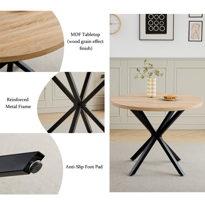 Ensemble Table de Salle à Manger Ronde et 4 Chaises, Table en MDF avec Décor Bois Clair et Pieds en Métal, Chaises Rembourrées en Lin pour Cuisine, Salle à Manger (Fini Bois Clair+Beige)