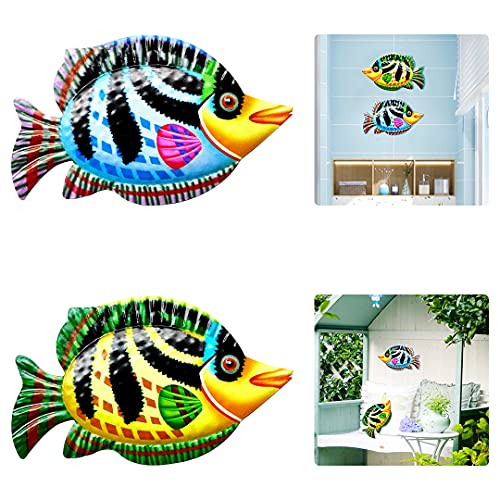 Zayookey 2Pcs Wanddeko Fisch Metall Gartendekoration im Freien Wandkunst 3D Küste Ozean Meer Fisch Dekor für Pool Haus Veranda Zaun Garten Außen Innenbereich Wall Decor (Grün + Rosa) Cover