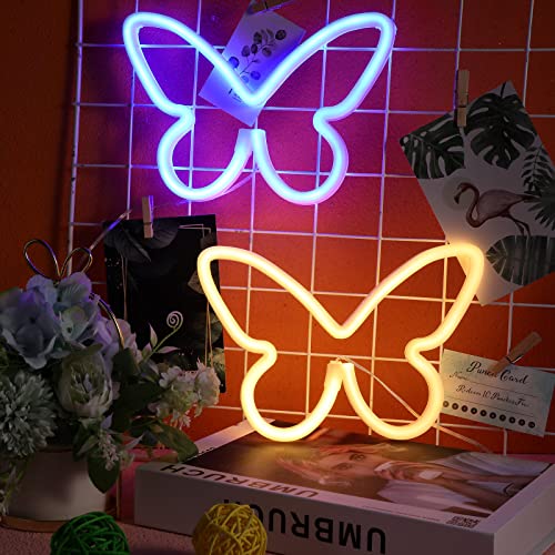 Image of Riakrum 2 Pcs Butterfly Neon Signs LED Lights Decor,Blue, Warm White