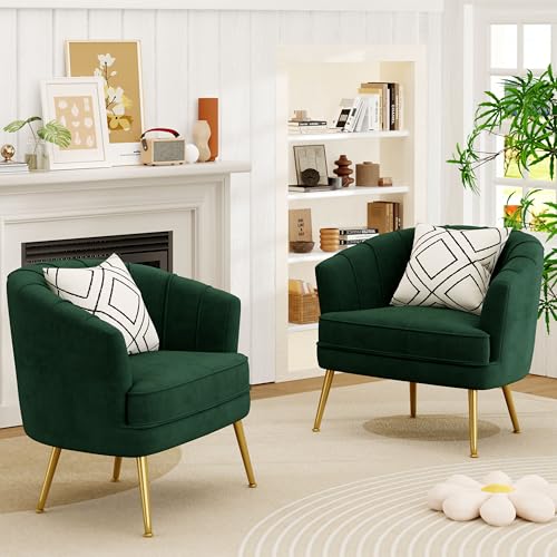 Image of Andeworld Velvet Accent Chair, Barrel Armchair, Green | Velvet Upholstery, Golden Metal Legs, Comfy Barrel Back, Modern Style, Living Room Bedroom Office