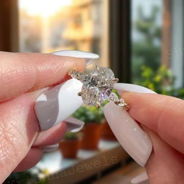 2 CT Oval Cut Moissanite Diamond Engagement Ring 14K Solid Gold Ring Side Diamond Round & Marquise Hidden Halo Promise Gift For Women4