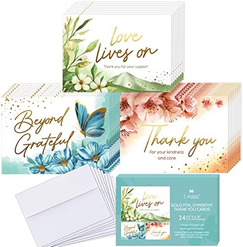 T MARIE 24 Gold Foil Funeral Thank You Cards With Message Inside - 4.5 x 6.25” Floral Bulk Sympathy Flower Thank You Cards with Words Inside - Bereavement Thank You Notes With Envelopes
