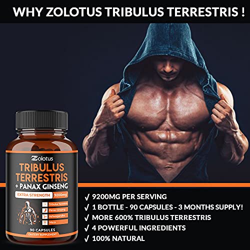 Tribulus Terrestris + Panax Ginseng, 9200Mg Per Capsule, 3 Months Supply, Highest Potency With Ashwagndha, Panax Ginseng, Boost Energy, Mood, Stamina & Performance, For Men & Women #TOP4