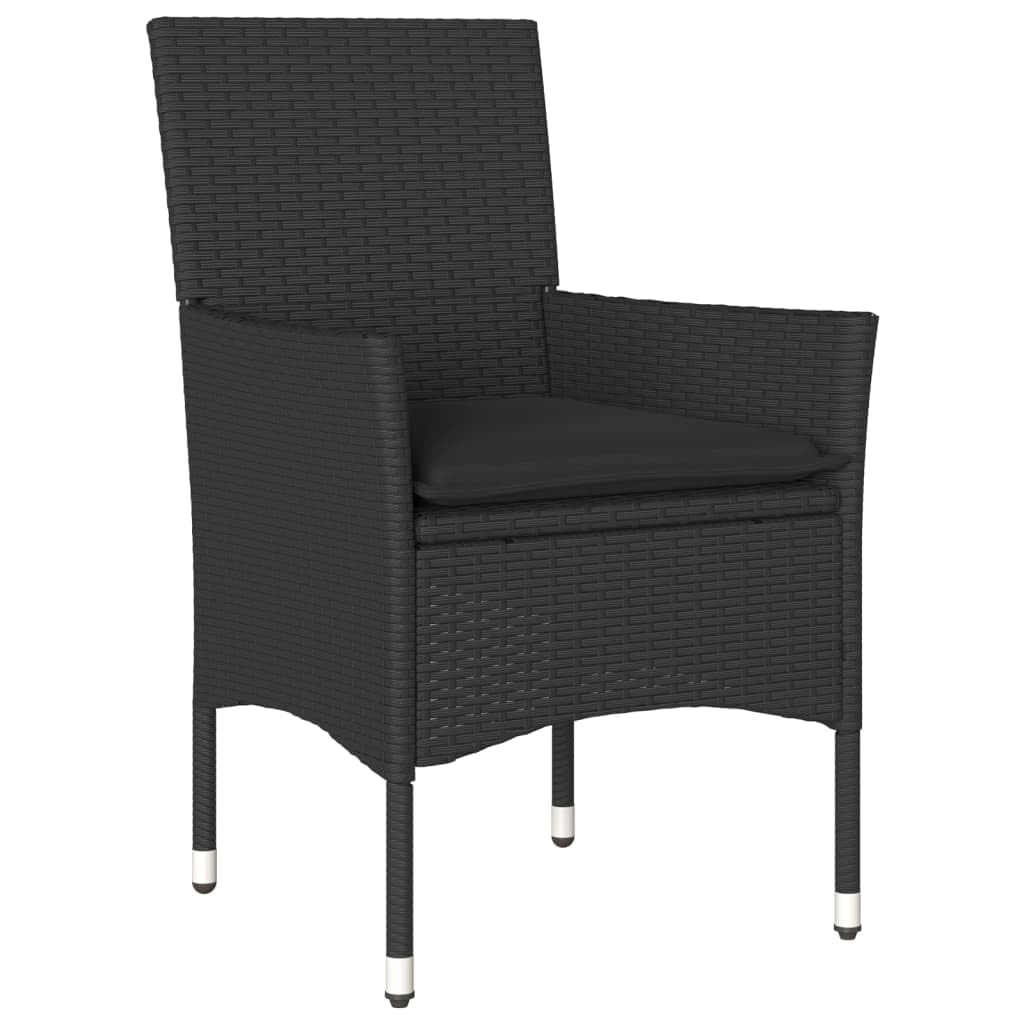 Set da 3 pezzi con cuscini neri in polyrattan e vetro per balcone, giardino o terrazza con cuscini imbottiti spessi e rivestimenti sfoderabili.
