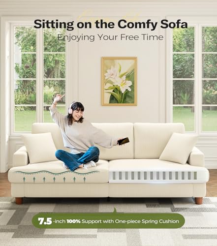 image for Kidirect 87in Beige White Sofa, Couches for Living Room 21in Extra Dee