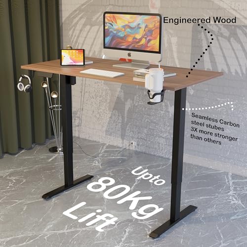 Image of H22 Electric Height Adjustable Standing Desk | 120x60 cm Sit-Stand Office Table | Walnut Top with Black Frame | Motorized Desk for Home Office | 1-Year Warranty Free Installation