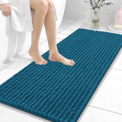 Image of OLANLY Long Bathroom Rugs Runner 47x20, Thick Soft and Absorbent Chenille Bath Mat, Non-Slip, Machine Washable Quick Dry Bath Rugs for Tub Shower Floor, Home Decor Accessories, Peacock Blue