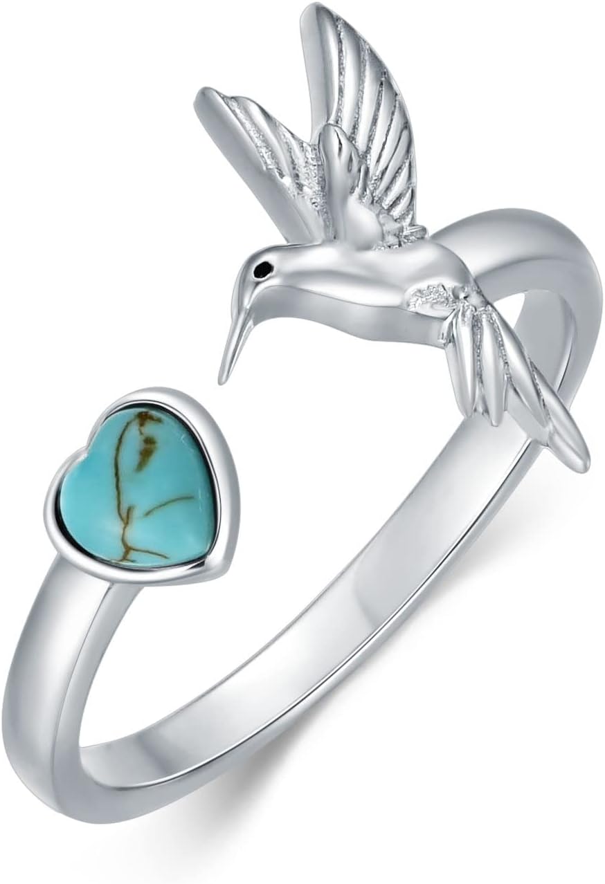 Turquoise Hummingbird Rings for Women 925 Sterling Silver Genuine Turquoise Adjustable Open Hummingbird Rings Animal Jewelry Gift Size 4 to 11