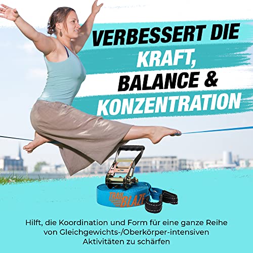 TRAILBLAZE Kit Slackline Completo – Con Protezioni Alberi + Sacca Porta Slackline - Installazione Facile - Kit per Principianti da 15m per Camminate e Equilibrismo (Without Training Line)