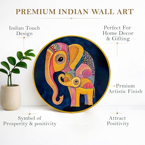Image of Modern Abstract Elephant Gond Round Framed Wall Art Painting For Living Room | Indian Folk Vastu Elephant Wall Art Painting With Frame for Home, Bedroom & Office, 16 Inch