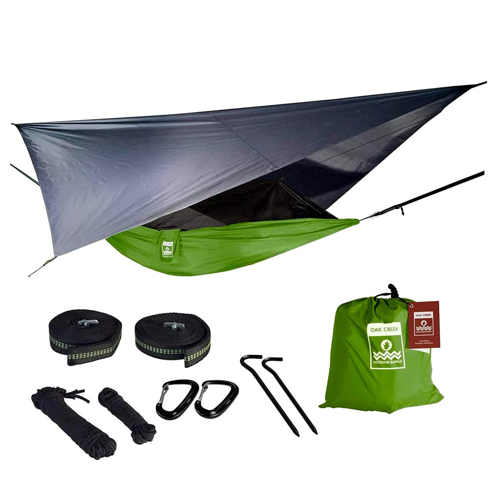 Oak Creek Camping Hammock and Accessories. Complete Package with Mosquito Bug Net, Rain Fly, Tree Straps. Great for Hiking, Backpacking, and Travel. Weighs Only 4 Pounds. Kiwi Green and Gray.